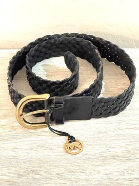 Michael Kors MK Belt Black Wide Braid Gold Logo Size Large